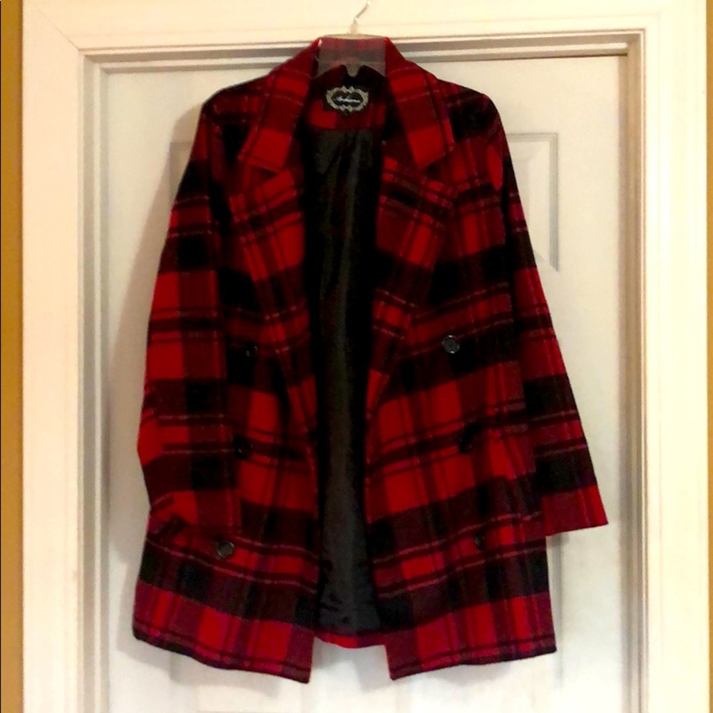 Red plaid peacoat